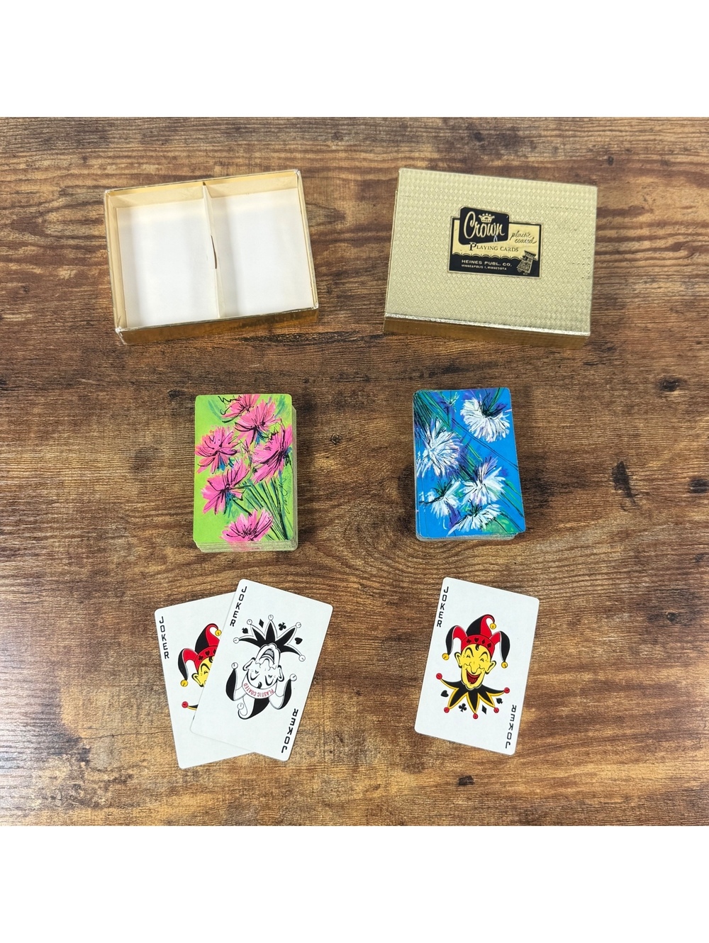 Vintage 1950s Crown Playing Cards Floral Decks Pink & Blue Flowers Set